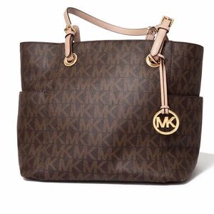 Michael Kors Jet Set Brown MK Signature Tote Bag Gold Charm Shoulder Purse